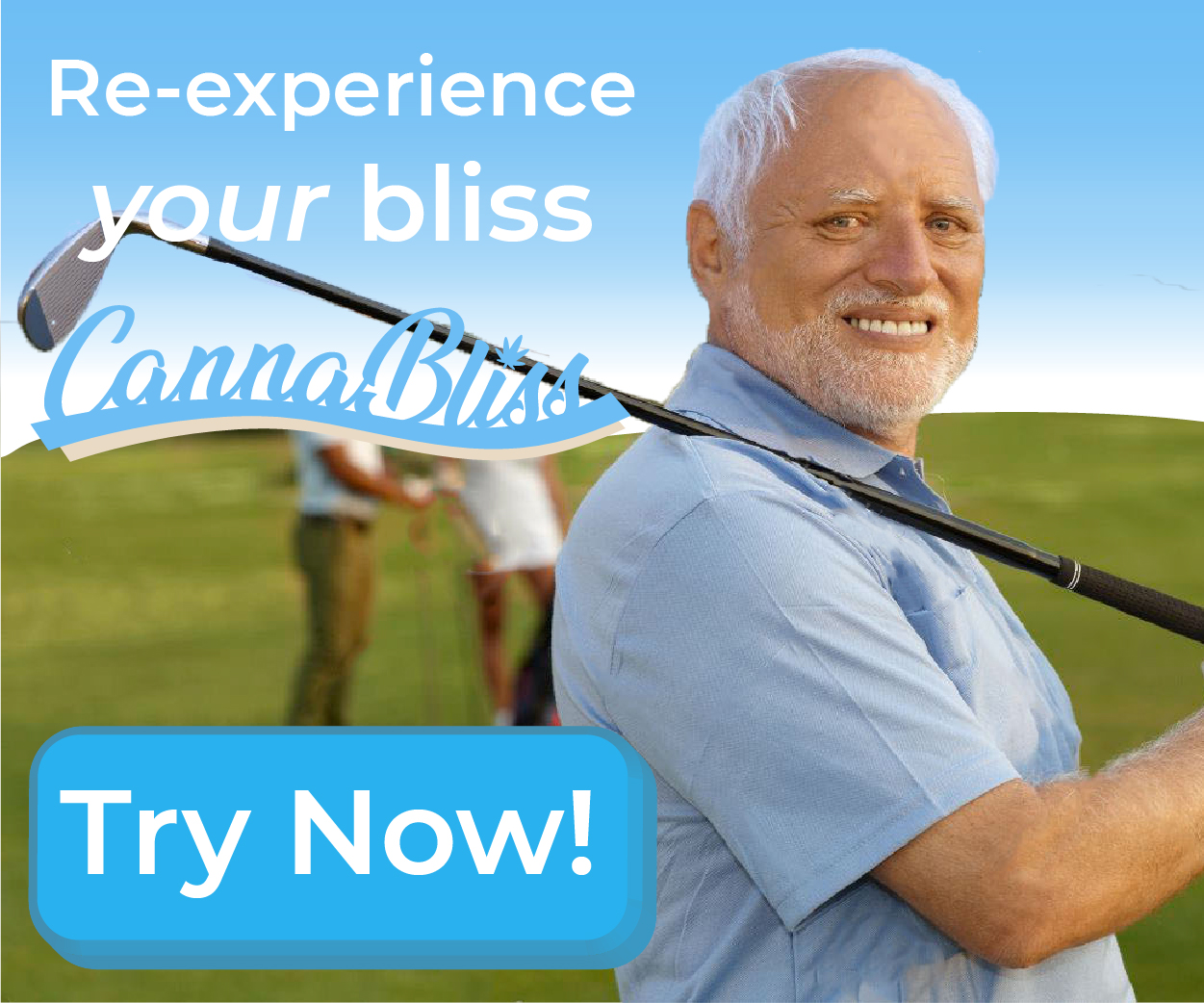 Small rectangle still ad featuring a senior face many youths may recognize as Harold, having a good time playing golf